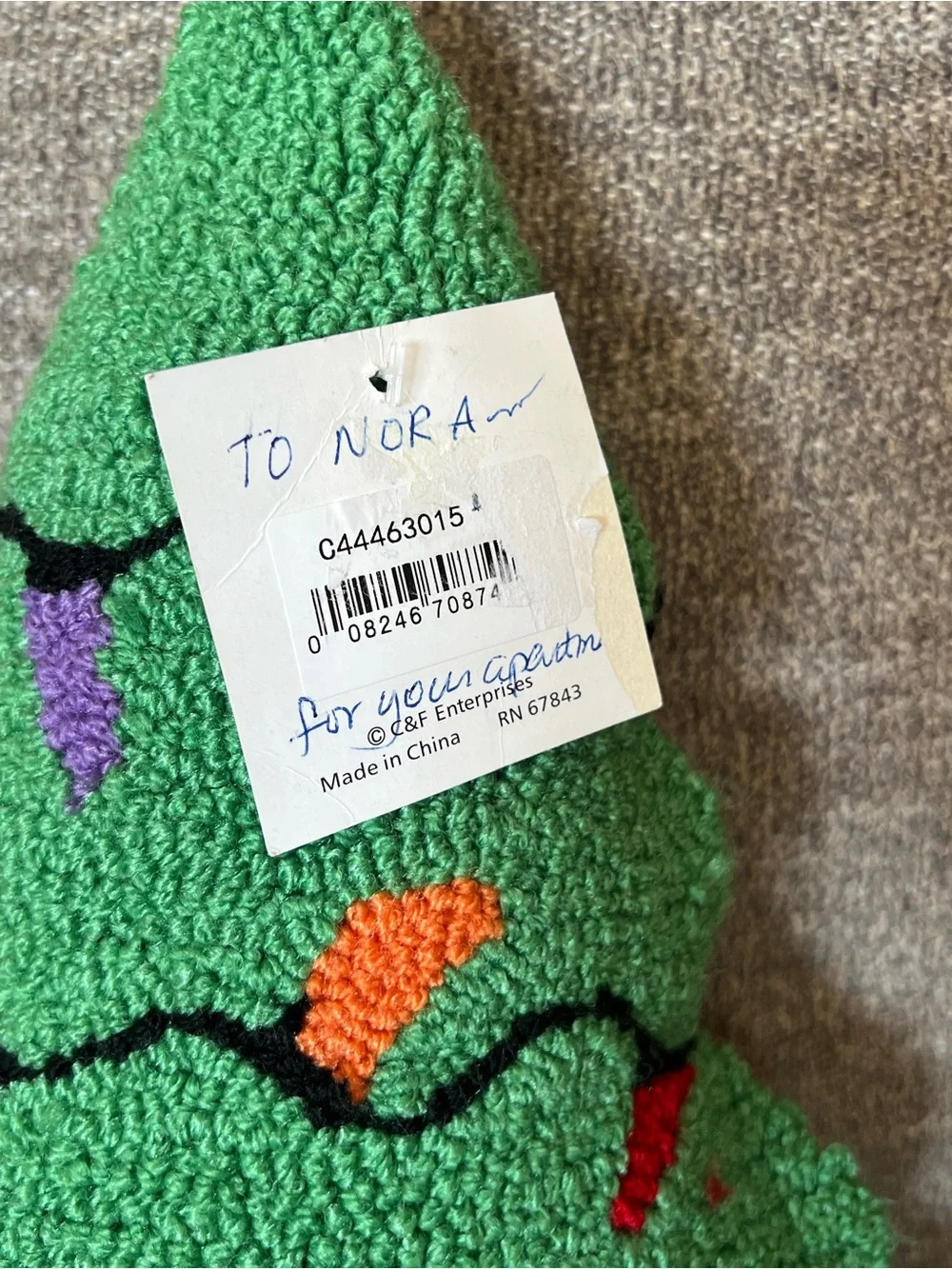 C&F Home Christmas Tree Shaped Hooked Pillow features